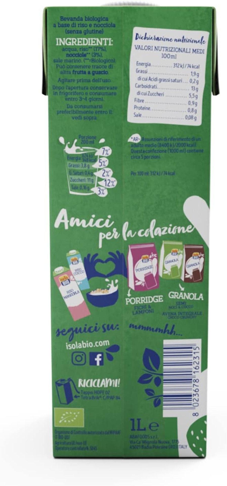 Isola Bio Organic Rice & Hazelnut Drink 1Ltr (Pack Of 6)