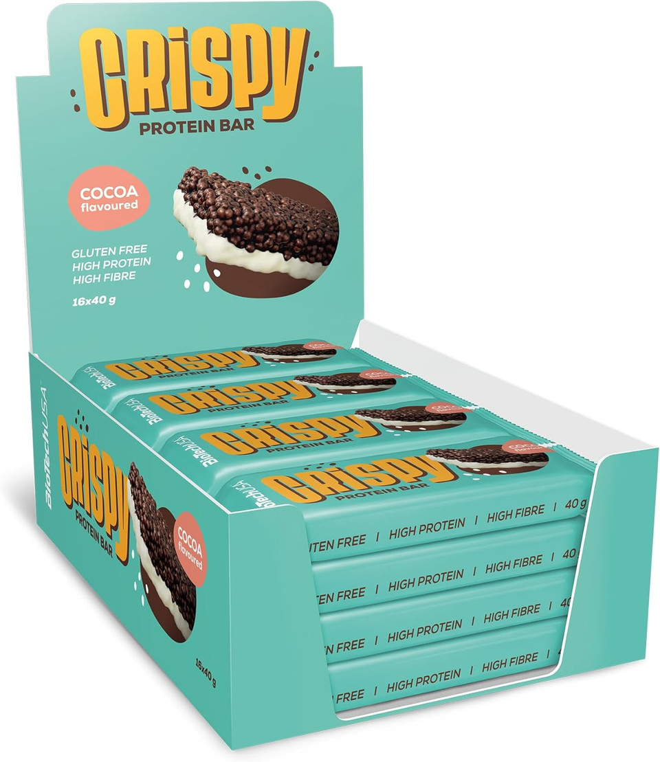 Biotechusa Crispy Protein Bar, A Protein Bar Product With Cocoa Flavoured Milk Protein Extrudate, White Coating, Biscuit Crumbs, Sugars And Sweeteners, 16X40 G, Cocoa