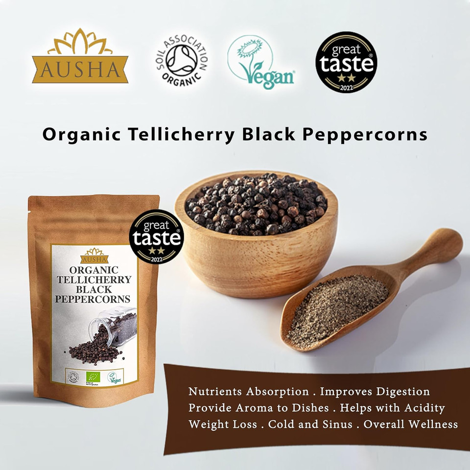 Ausha Organic Tellicherry Black Peppercorns 500G | Winner 2** Star Great Taste Award 2022 Ausha Organic Tellicherry Black Peppercorns 500G | Winner 2** Star Great Taste Award 2022