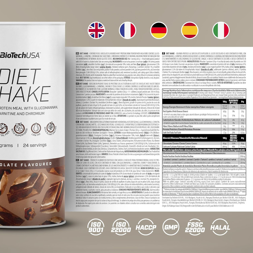 Biotechusa Diet Shake - High-Protein, Low-Fat  With Superfoods, Chromium, Glucomannan, L-Carnitine - No Added Sugar, Palm Oil-Free, 720 G, Chocolate