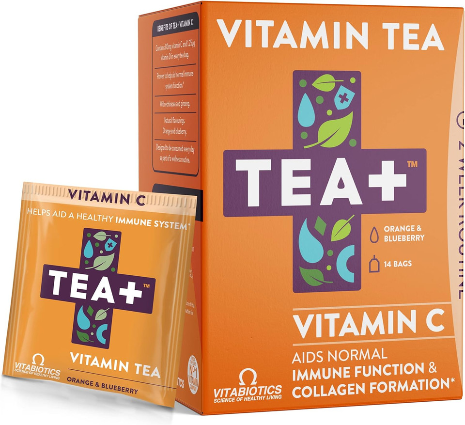Vitabiotics Tea+ ( Tea Plus ) Vitamin C Supplement Tea, 100% Rda Vitamin C In Every Bag, Provides Immune Support, Easy To Swallow, Herbal Tea Orange & Blueberry Flavour, 14 Day Supply
