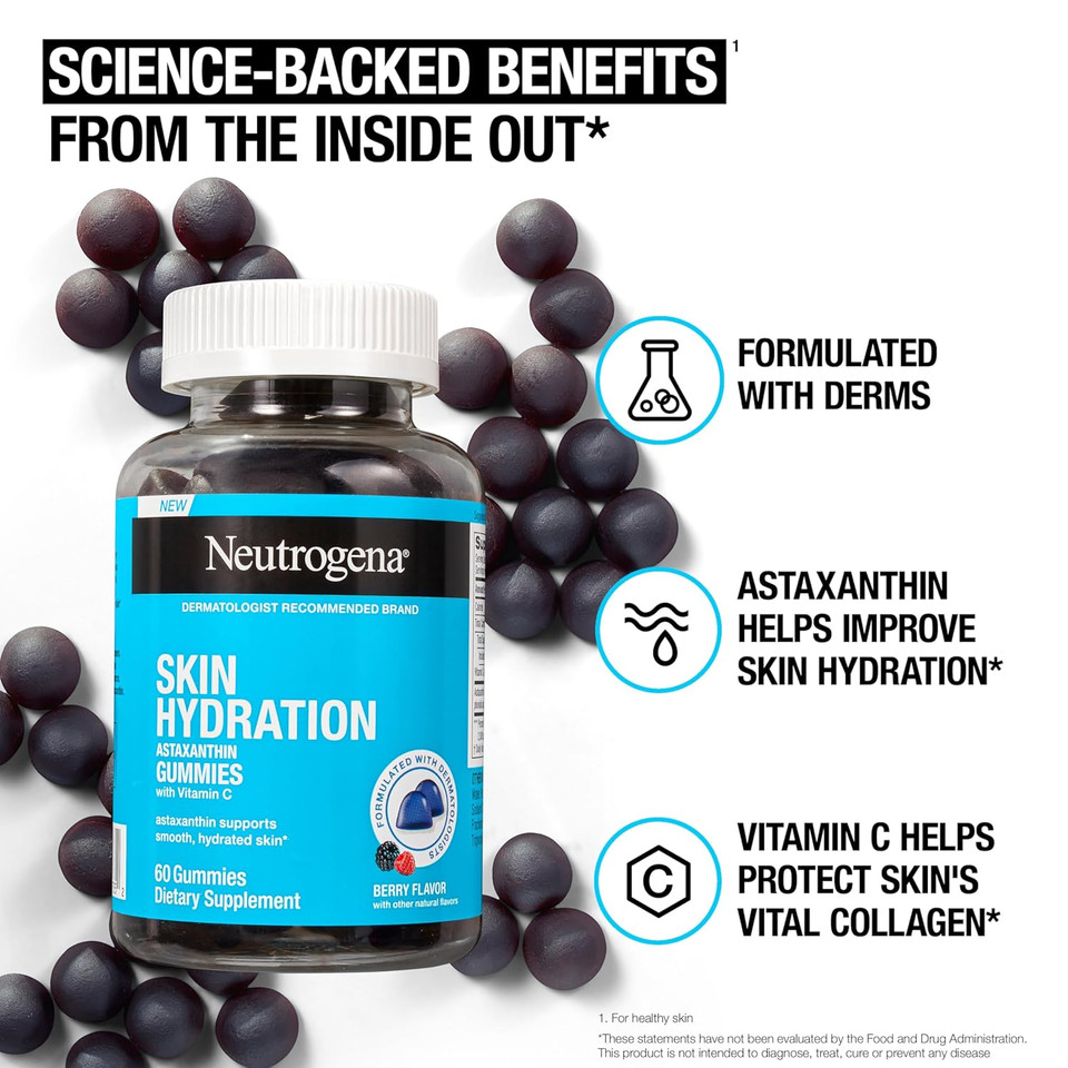 Neutrogena Skin Hydration Astaxanthin Gummies With Vitamin C, Skincare Supplements For Hydrated, Smooth & Healthy Skin, Daily Antioxidant Gummies For Skin Health, Berry Flavor, 60 Ct