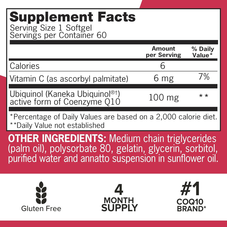 Qunol Ubiquinol Coq10 100Mg Softgels, Qunol Mega Ubiquinol 100Mg - Superior Absorption - Active Form Of Coenzyme Q10 For Heart Health - 4 Month Supply - 60 Count (Pack Of 2)60 Count (Pack Of 2)