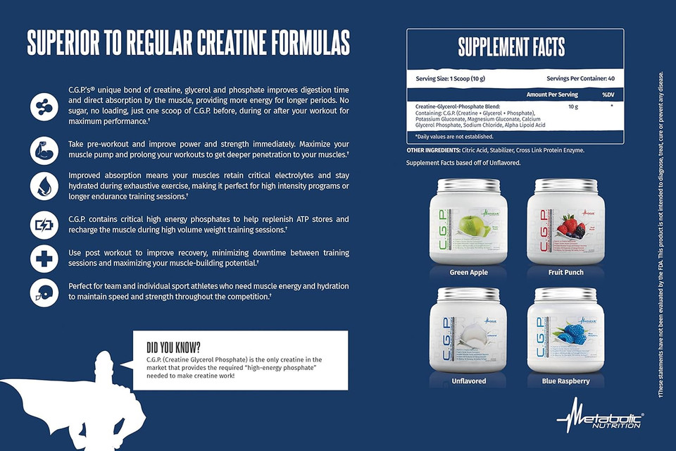 Metabolic Nutrition, Cgp, Creatine Glycerol Phosphate, 100% Micronized Creatine Powder, Pre Intra Post Workout Supplement, Green Apple, 400 Grams (40 Servings)