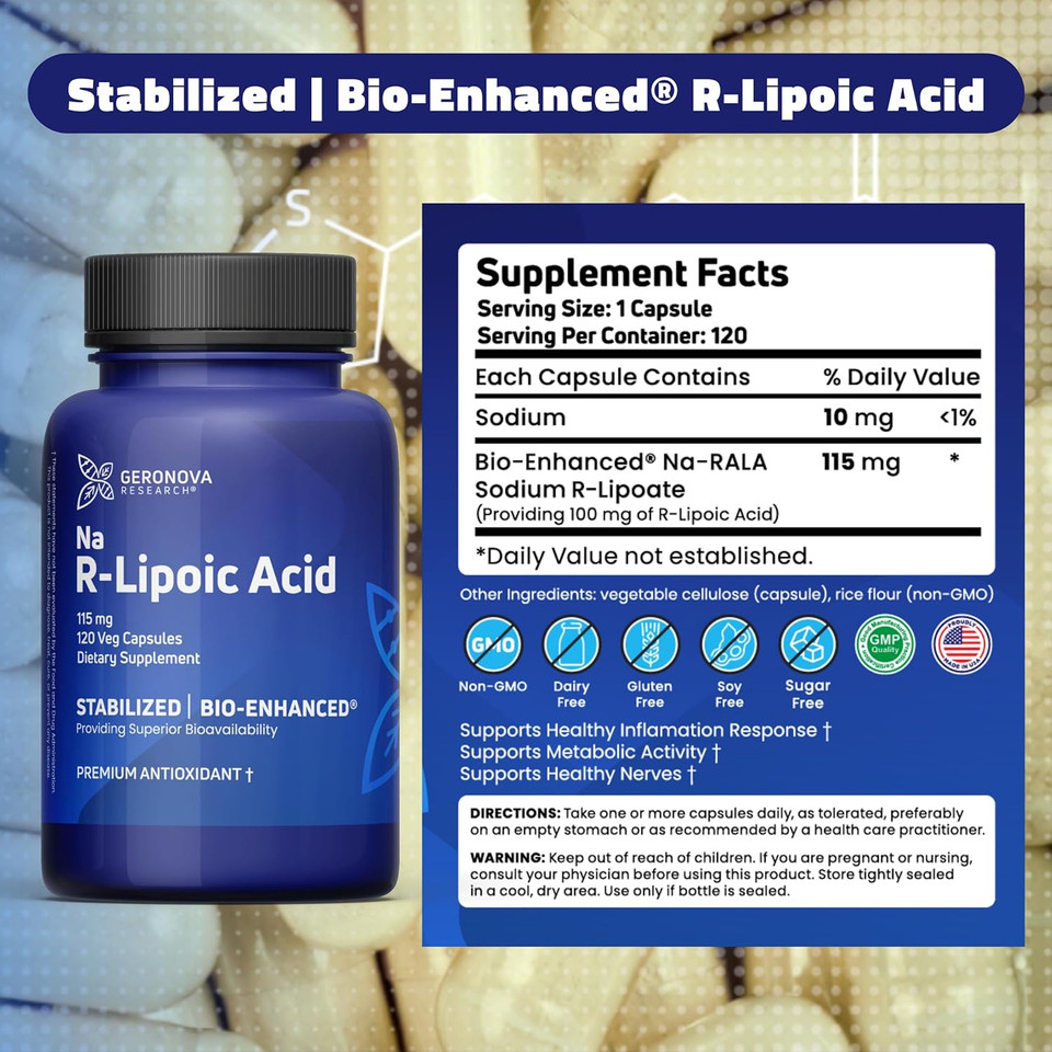Geronova Research R-Lipoic Acid 115Mg 120 Caps, Bio-Enhanced Na R-Lipoic Acid 50G Powder Bundle
