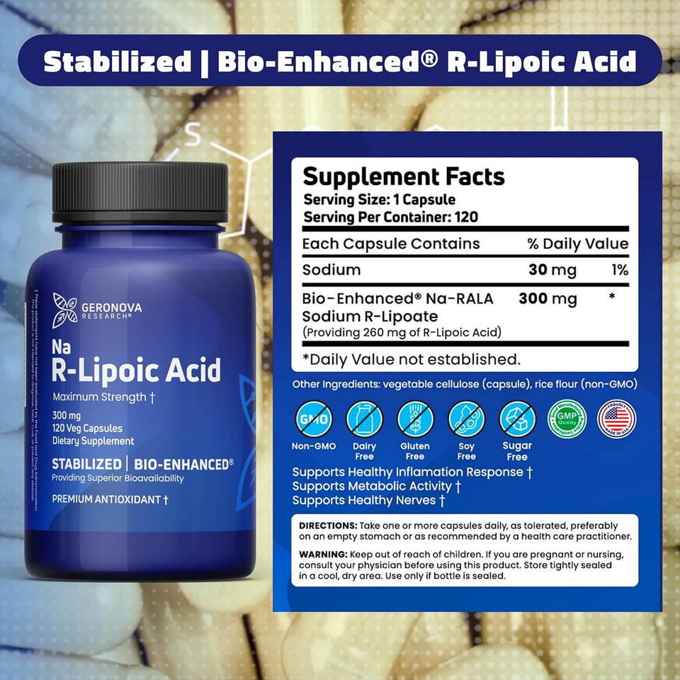 Geronova Research R-Lipoic Acid 300mg 120 Caps, Bio-Enhanced Na R-Lipoic Acid 50g Powder and The Alpha Lipoic Solution Bundle