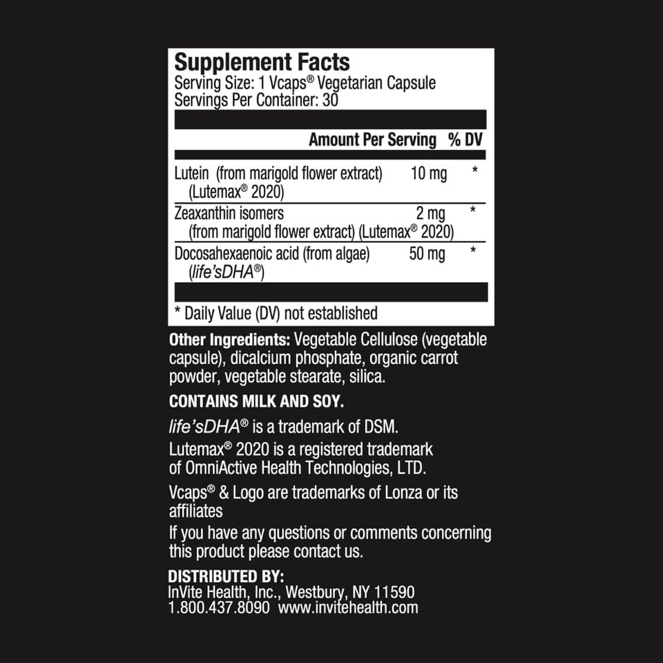 Invite Health Lutein Plus Hx® - Support for Macular and Overall Vision Health - Provides Lutein 10 mg, Zeaxanthin 2 mg, and DHA 50 mg - 30 Vegetarian Capsules