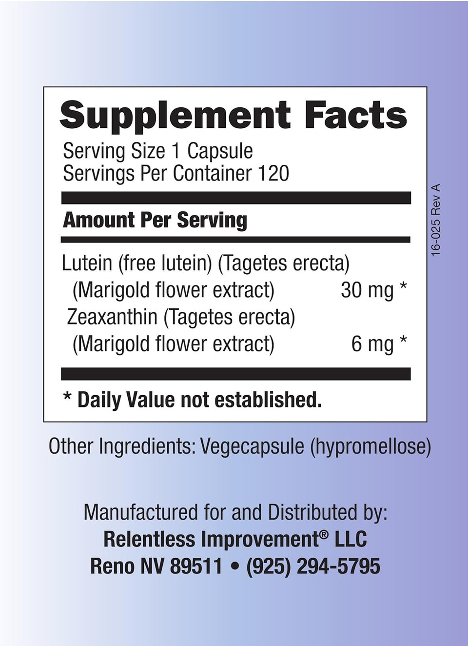 Relentless Improvement Lutein Zeaxanthin 120 Vegi-Capsules Natural Source No Fillers 100% Pure Active Material