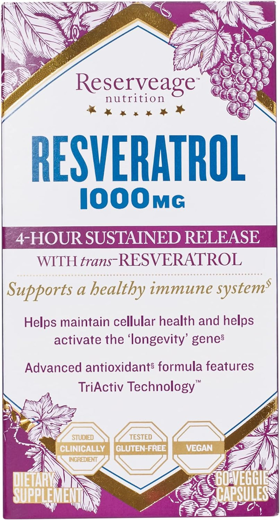 Reserveage Beauty, Resveratrol 1000 mg, Antioxidant Supplement for Heart Health and Immune Support, Supports Healthy Aging and Immune System, Paleo, Keto, 60 Capsules