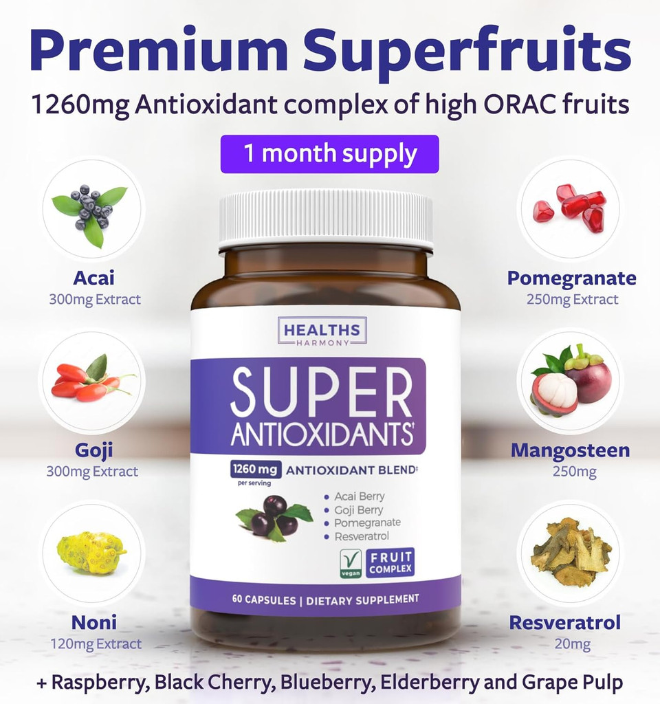 Super Antioxidants Supplement - Powerful Super Food Antioxidant Daily Blend - Acai Berry, Goji, Pomegranate & Trans Resveratrol - Herbal And Fruit Formula For Women And Men - Skin Care - 60 Capsules