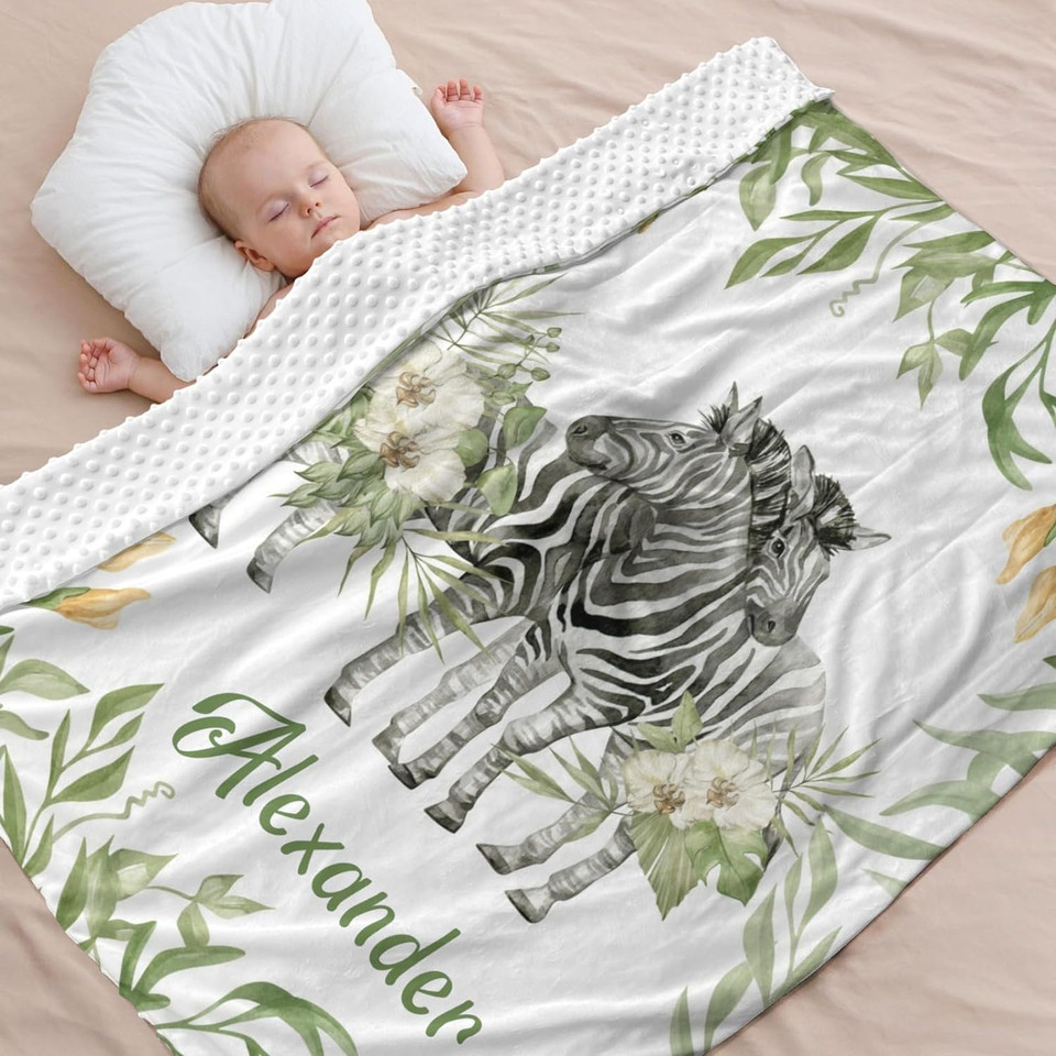 Zebras Floral Forest Animals Leaves Custom Name 40 X 50 In,Personalized Swaddle Blanket Baby Dotted Minky Blanket Living Room Camping Travel Teen Soft Blanketstyle 140"X50"