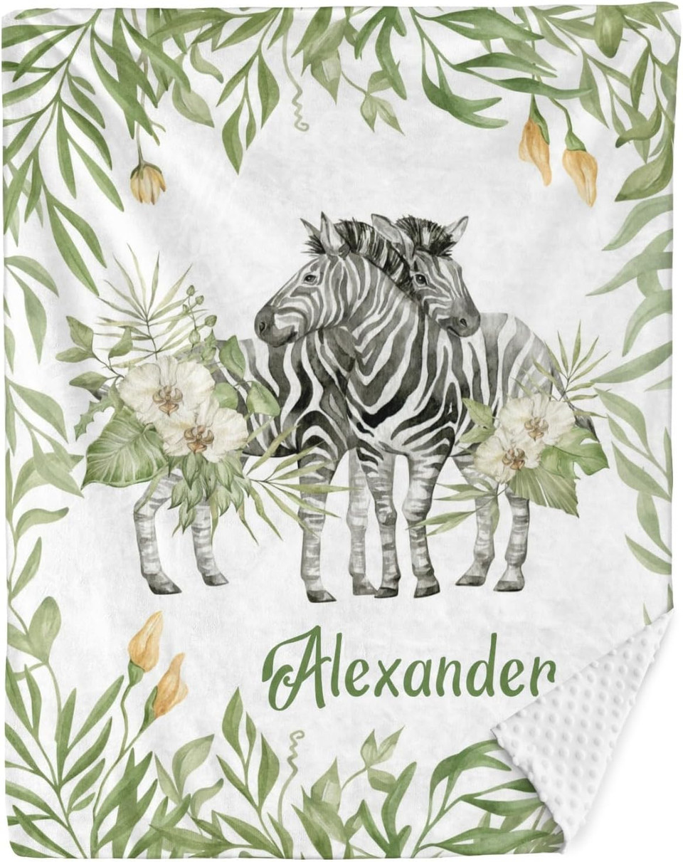 Zebras Floral Forest Animals Leaves Custom Name 40 X 50 In,Personalized Swaddle Blanket Baby Dotted Minky Blanket Living Room Camping Travel Teen Soft Blanketstyle 140"X50"