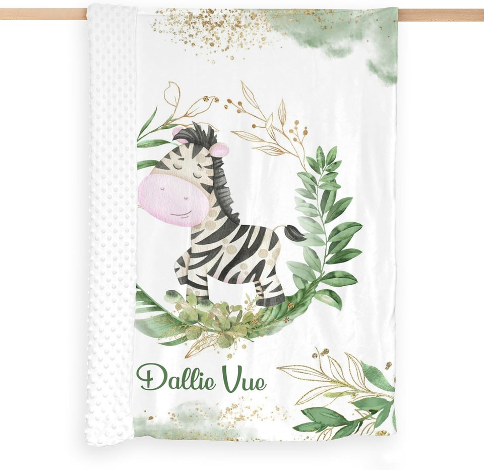 Greenery Leaves Safari Animal Zebra Custom Name 40 X 50 In,Personalized Swaddle Blanket Fleece Plush Baby Dotted Minky Blanket Super Soft Pet Travel Blanketdesign 640"X50"