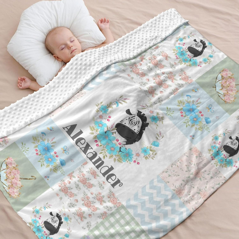 Cute Zebra Flower Wreath Personalized Blanket Nursery Bed Swaddle Blankets,Custom Name Dotted Minky With Double Layer Dotted Minky Backing,50X60 In For Boys Girls Adultsstyle 2