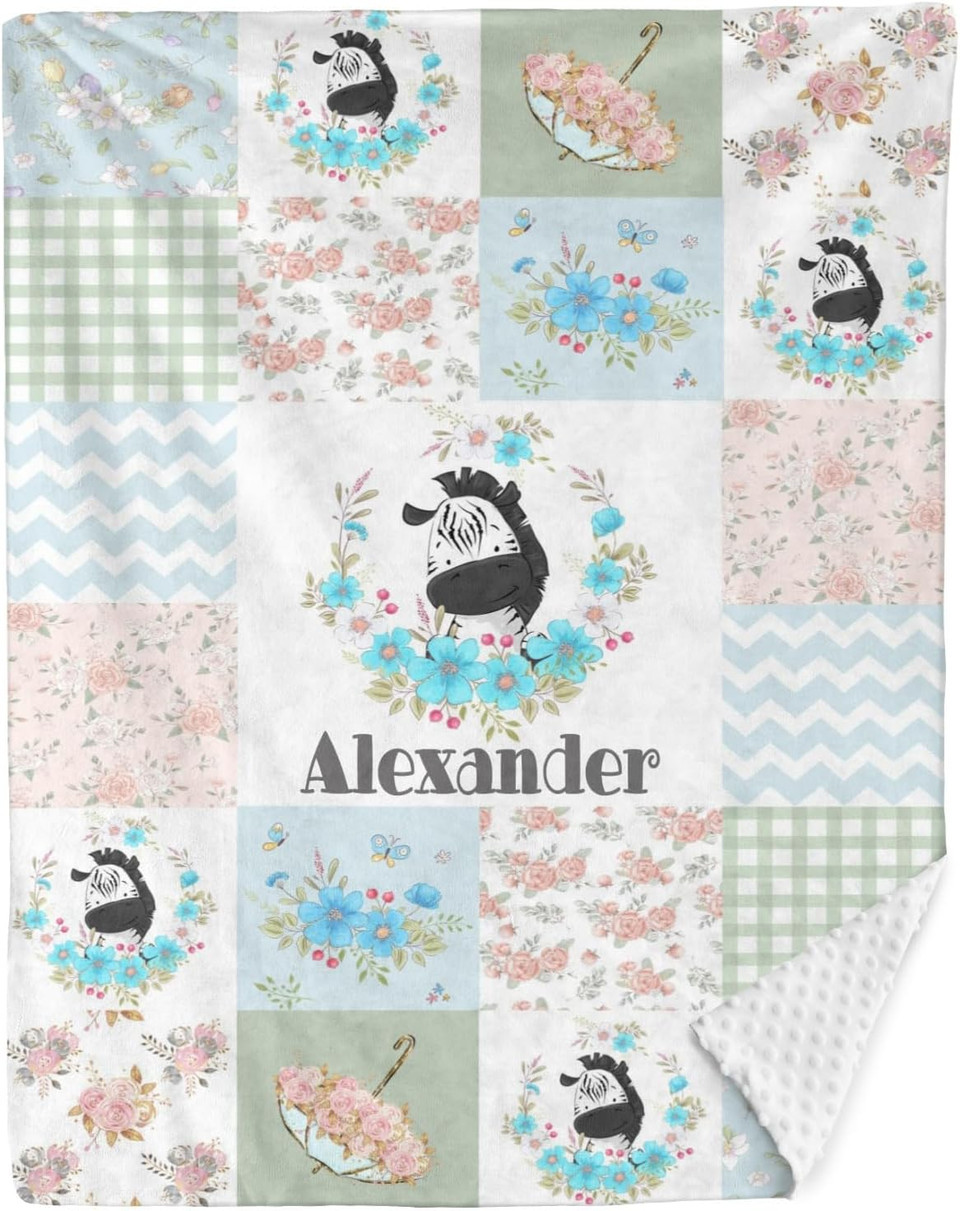 Cute Zebra Flower Wreath Personalized Blanket Nursery Bed Swaddle Blankets,Custom Name Dotted Minky With Double Layer Dotted Minky Backing,50X60 In For Boys Girls Adultsstyle 2