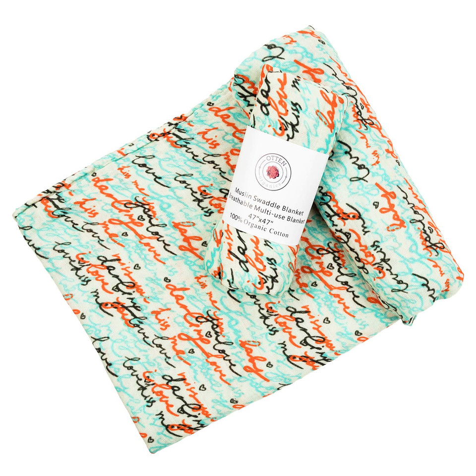 Water Based Environmentally Friendly Dyes - 100% Organic Cotton Muslin Swaddle Blanket For Newborn Baby (Kiss Me Writing) - By Otten Babydarling