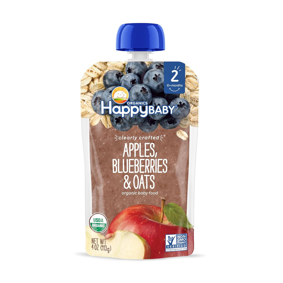 Happy Baby Organics Stage 2 Baby Food Pouches, Gluten Free, Vegan & Healthy Snack, Clearly Crafted Oat & Fruit Puree, Apples, Blueberries & Oats, 4 Ounces (Pack Of 16) Happy Baby Organics Stage 2 Baby Food Pouches, Gluten Free, Vegan & Healthy Snack, Clearly Crafted Oat & Fruit Puree, Apples, Blueberries & Oats, 4 Ounces (Pack Of 16)