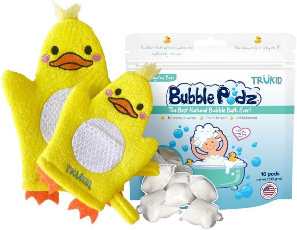 Trukid Bubble Podz & Bubbleglove Bundle - Includes Bubble Bath Pods Eucalyptus 10Ct & 2-Set Of Bath Wash Gloves For Parent & Child, Baby Bath Essentials, Gentle For Sensitive Skin Of Kids, Toddlers