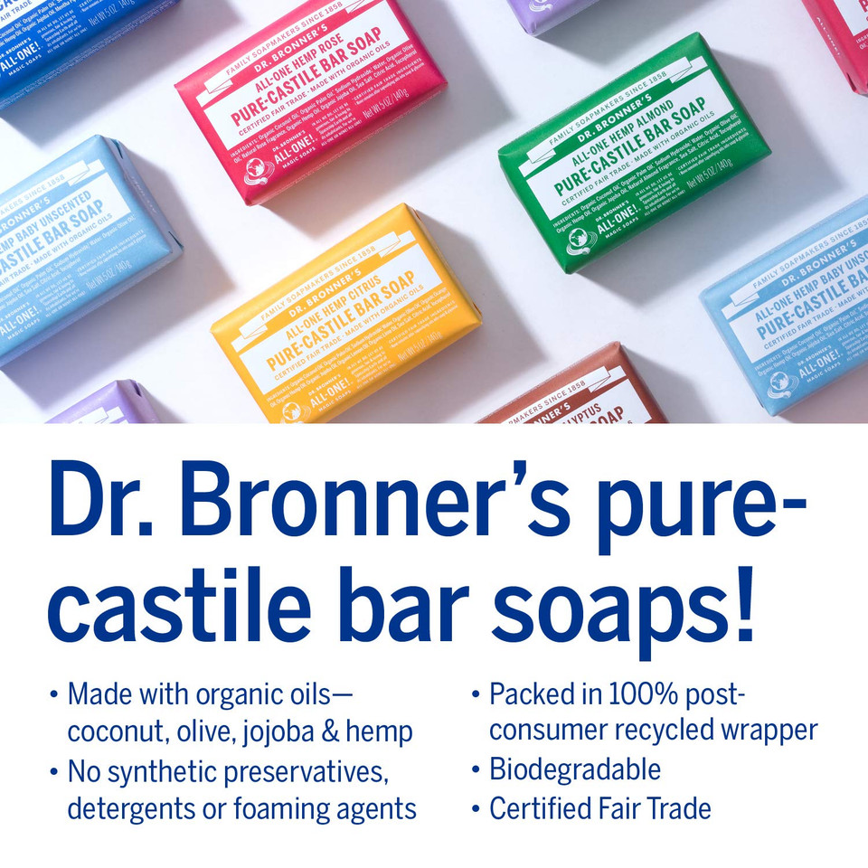 Dr. Bronnerã¢ÂS - Pure-Castile Bar Soap (Baby Unscented, 5 Oz, 6-Pack) -Made With Organic Oils, For Face, Body & Hair, Gentle For Sensitive Skin & Babies, No Added Fragrance,Biodegradable,Vegan,Non-Gmo