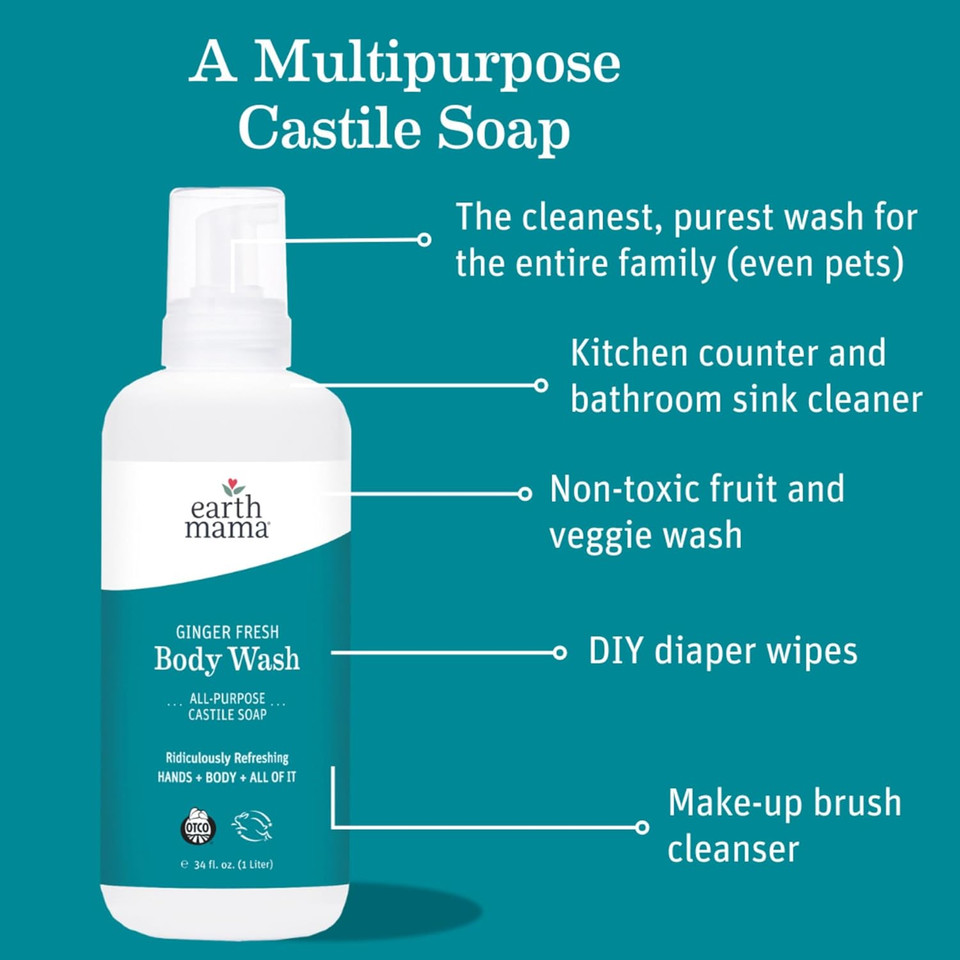 Earth Mama Ginger Fresh Foaming Hand & Body Wash | All-Purpose Castile Soap, 5.3-Fluid Ounce And Liter Refill