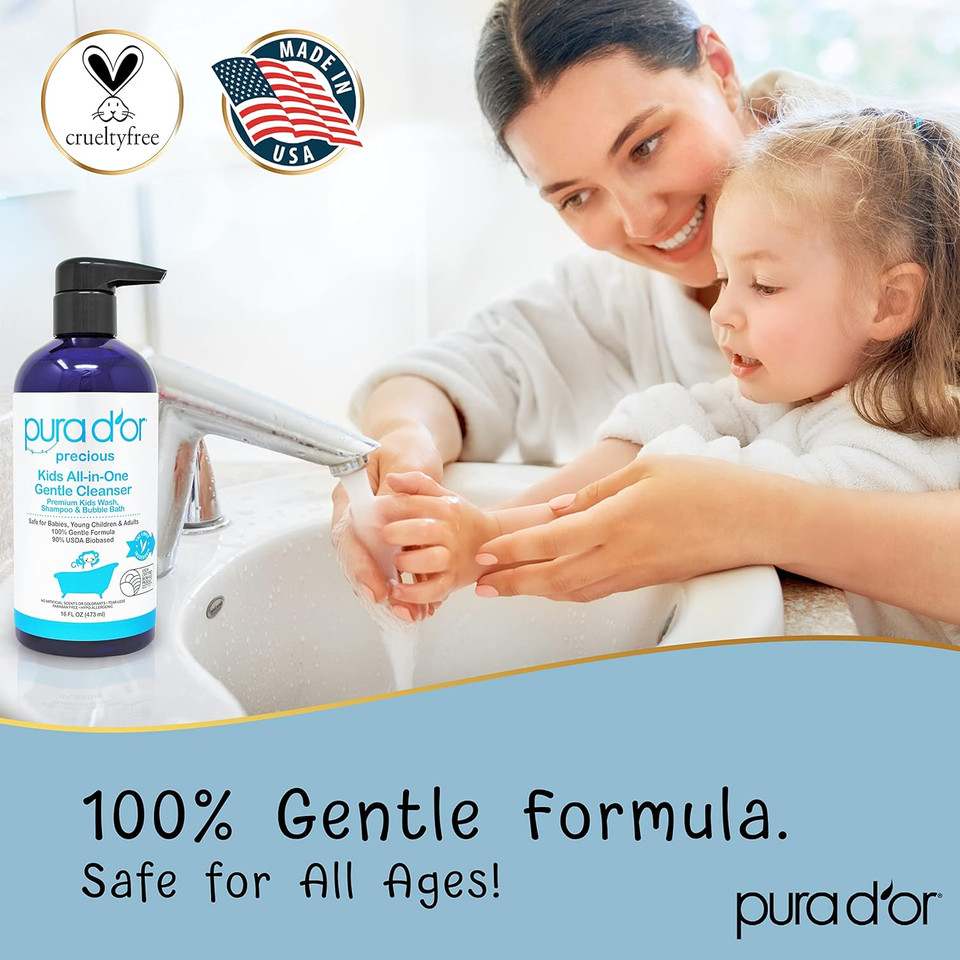 Pura D'Or Kids Wash (16Oz) All-In-One Gentle Cleanser - Usda Biobased, Sulfate-Free, Tear-Less, Hypoallergenic, Premium, Shampoo & Bubble Bath16 Fl Oz (Pack Of 1)