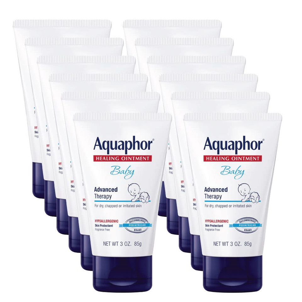 Aquaphor Baby Healing Ointment, Advanced Therapy for Chapped Cheeks and Diaper Rash, 3 oz. Tube (Pack of 12)