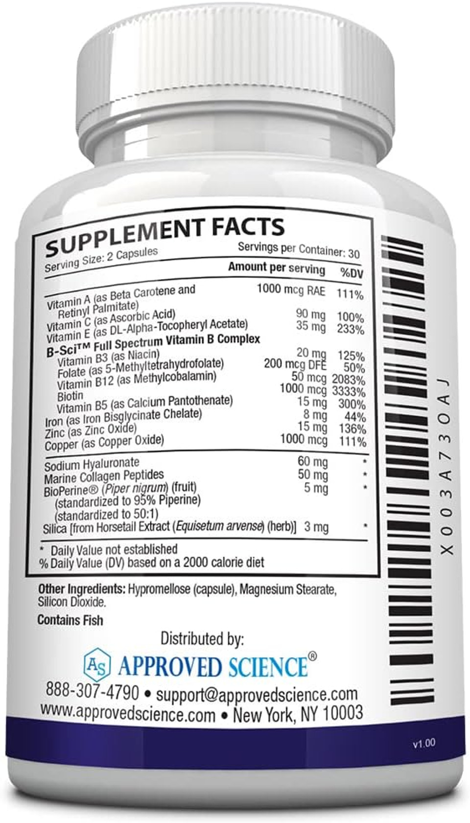 Approved Science Hair, Skin And Nails - Advanced Strengthening And Support - Vitamin B Complex, Biotin, Collagen, Silica, Bioperine - 60 Capsules - 1 Month Supply