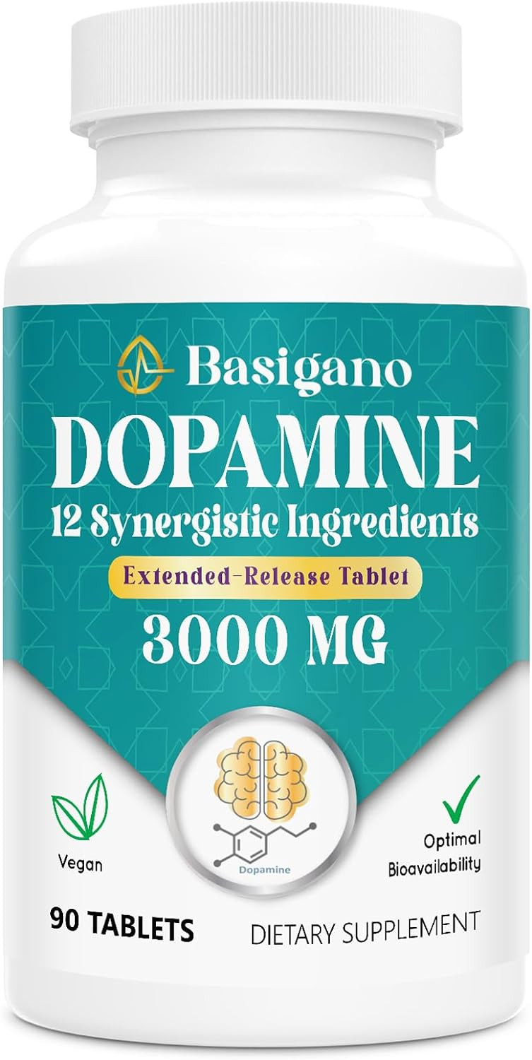Basigano Natural Dopamine Supplement For Energy, Focus, Motivation, Mental Alertness, Mood, And Stress - Non-Gmo, Gluten-Free - 90 Tablets