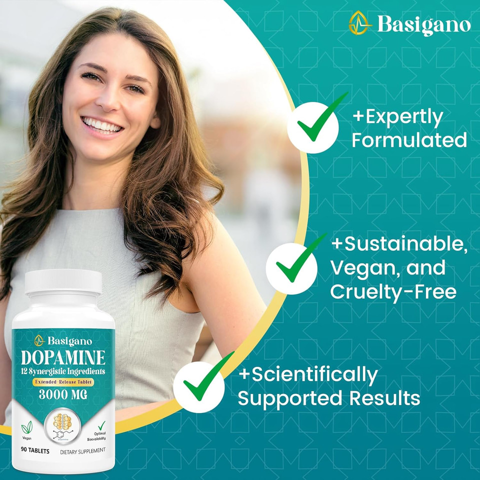 Basigano Natural Dopamine Supplement for Energy, Focus, Motivation, Mental Alertness, Mood, and Stress - Non-GMO, Gluten-Free - 90 Tablets