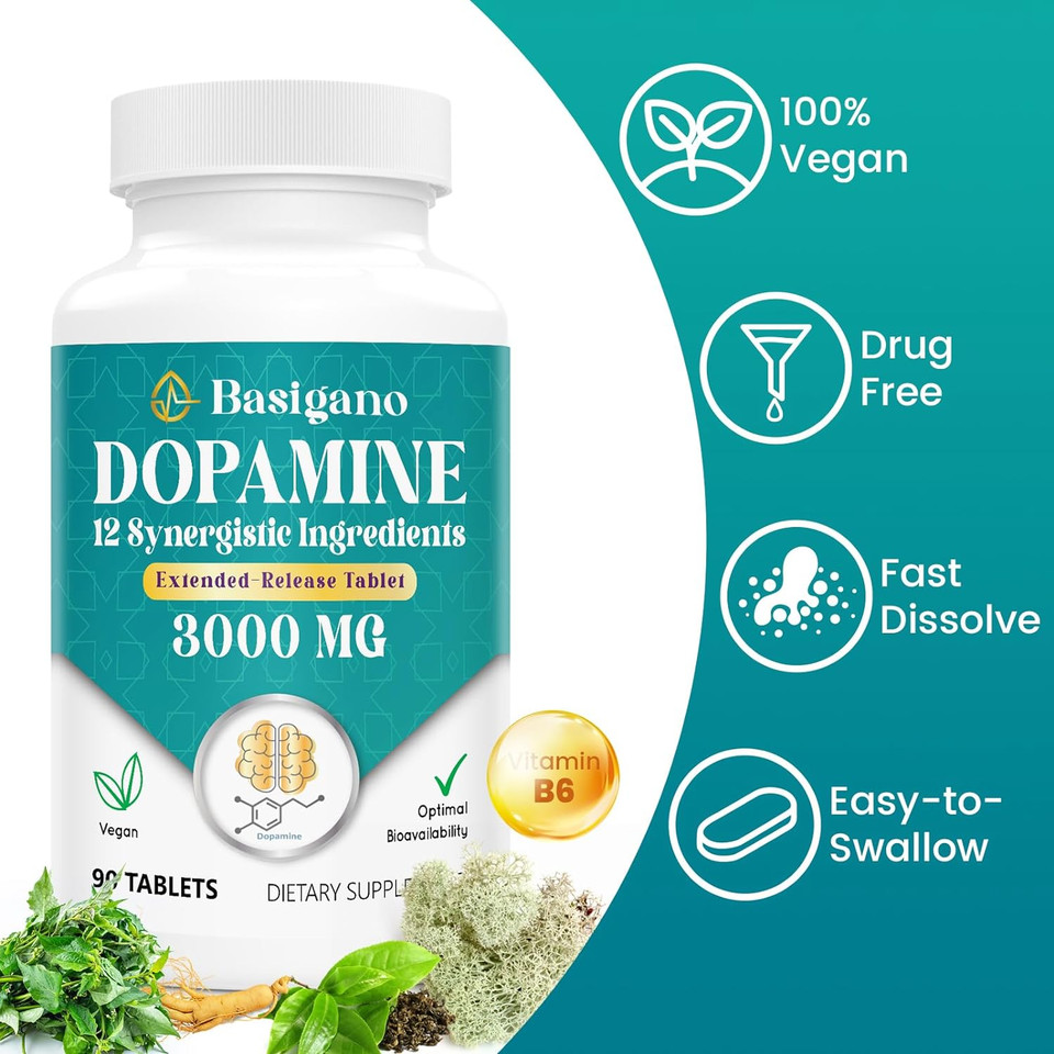 Basigano Natural Dopamine Supplement For Energy, Focus, Motivation, Mental Alertness, Mood, And Stress - Non-Gmo, Gluten-Free - 90 Tablets