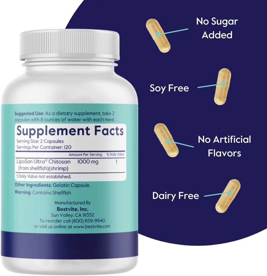 Bestvite Liposan Ultra Chitosan 500Mg (240 Capsules) - Patented Faster Acting Than Regular Chitosan - No Stearates - No Fillers