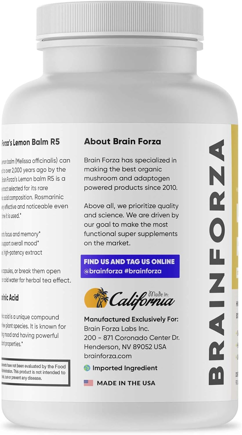 Brain Forza European Lemon Balm Extract Capsules - Standardized Extract 5% Rosmarinic Acid, 90 Capsules