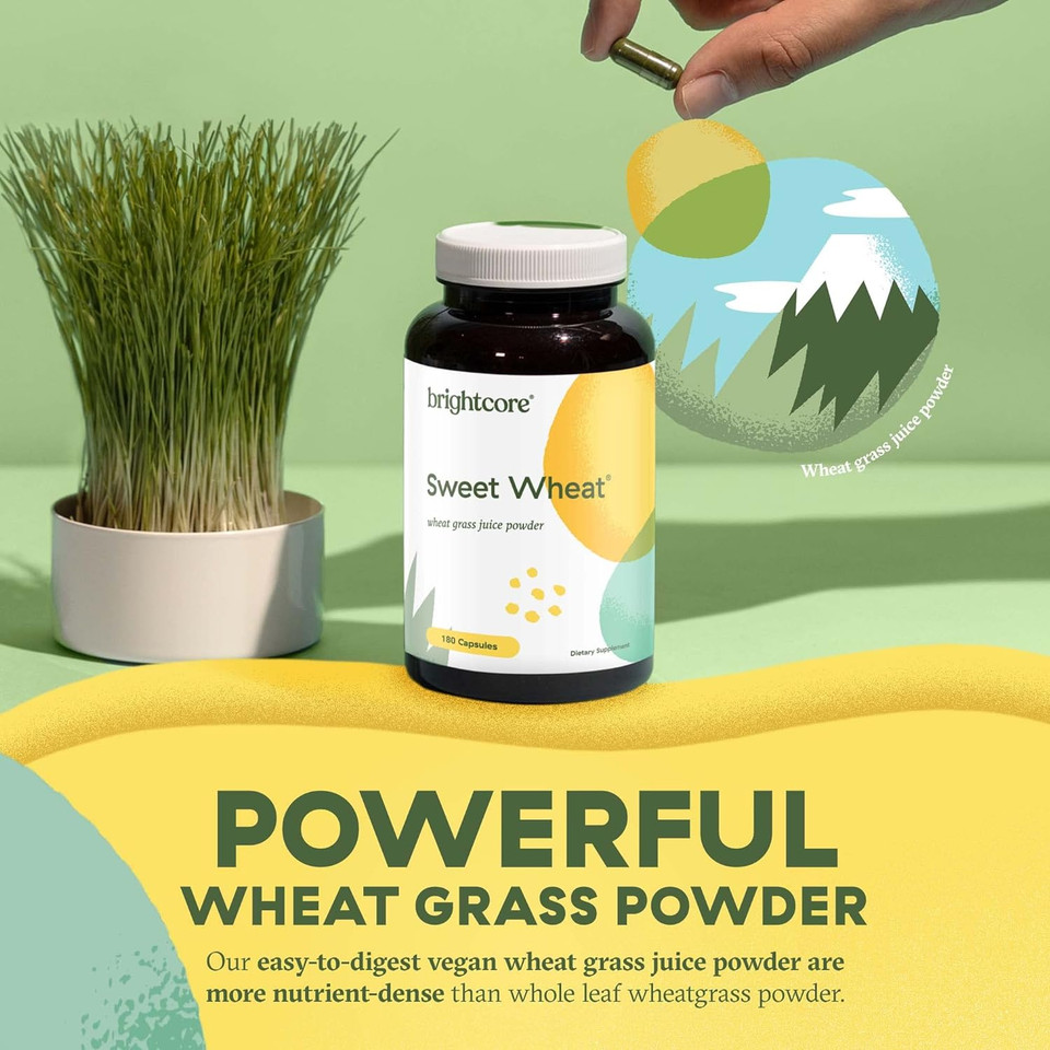 Brightcore Nutrition Sweet Wheat, Ready-To-Drink Athletic Greens, Super Greens With Digestive Enzymes For Digestive Health And Immune Boost, 180 Wheatgrass Juice Powder Capsules180 Count (Pack Of 1)