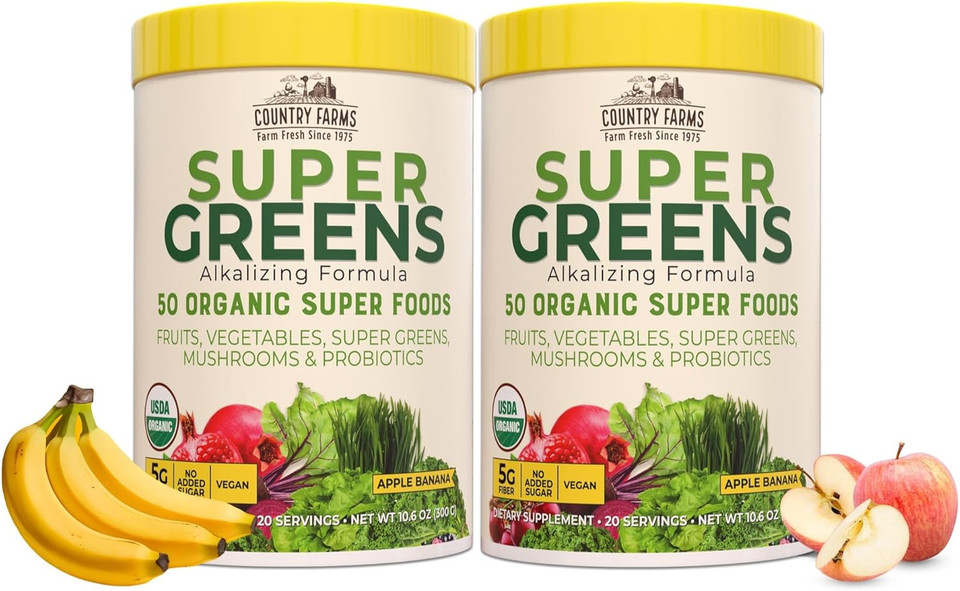 Country Farms Super Greens Apple Banana Powder Smoothie, Organic Super Foods, Usda Organic Drink Mix, Fruits, Vegetables, Mushrooms, Superfood Nutrition, 40 Servings, 2 Pack