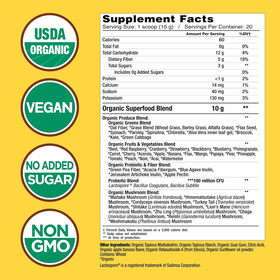 Country Farms Super Greens Apple Banana Powder Smoothie, Organic Super Foods, Usda Organic Drink Mix, Fruits, Vegetables, Mushrooms, Superfood Nutrition, 40 Servings, 2 Pack
