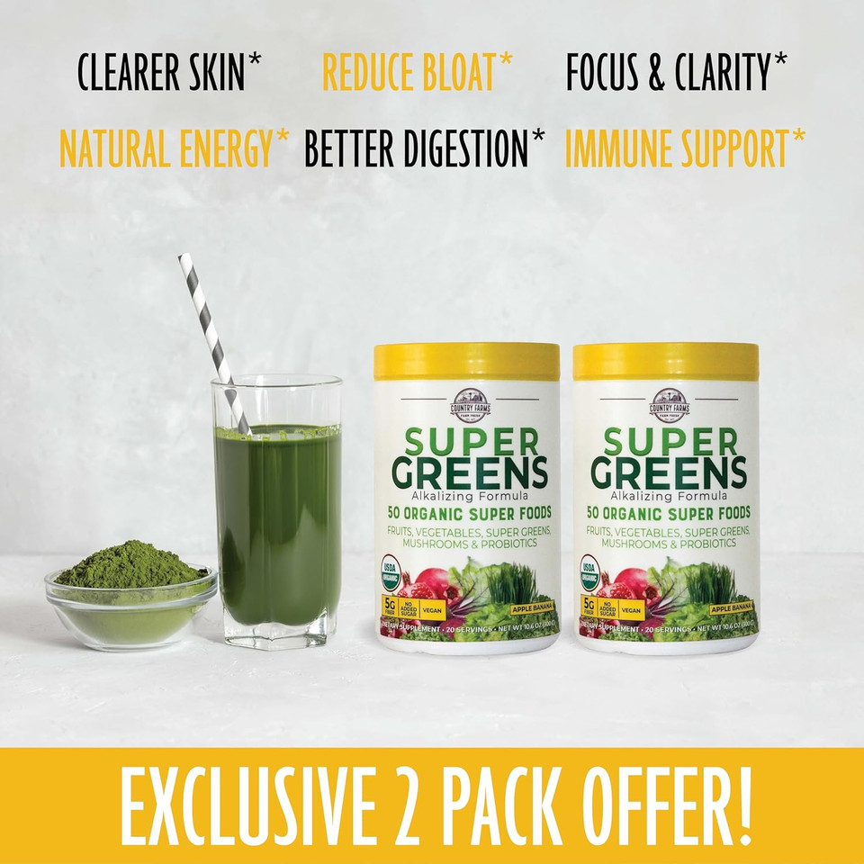 Country Farms Super Greens Apple Banana Powder Smoothie, Organic Super Foods, Usda Organic Drink Mix, Fruits, Vegetables, Mushrooms, Superfood Nutrition, 40 Servings, 2 Pack