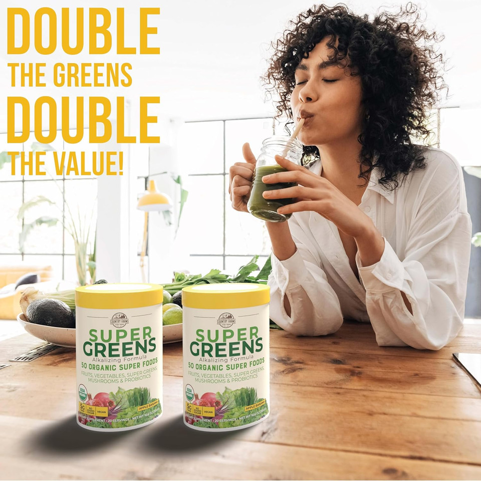 Country Farms Super Greens Apple Banana Powder Smoothie, Organic Super Foods, Usda Organic Drink Mix, Fruits, Vegetables, Mushrooms, Superfood Nutrition, 40 Servings, 2 Pack