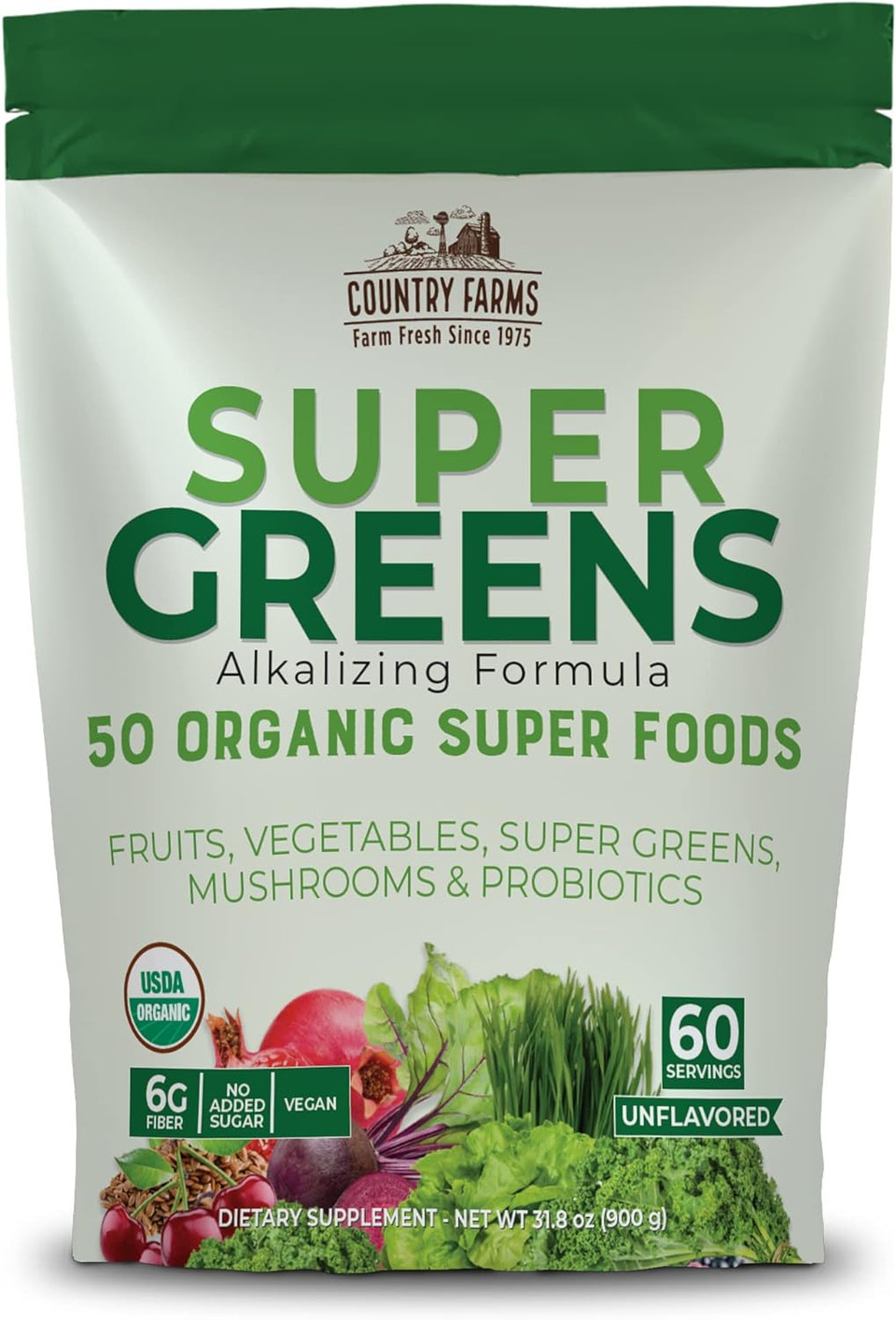 Country Farms Super Greens Natural Flavor, 50 Organic Super Foods, Usda Organic Drink Mix, Fruits, Vegetables, Super Greens, Mushrooms & Probiotics, Supports Energy, 60 Servings, 10.6 Oz1.99 Pound (Pack Of 1)