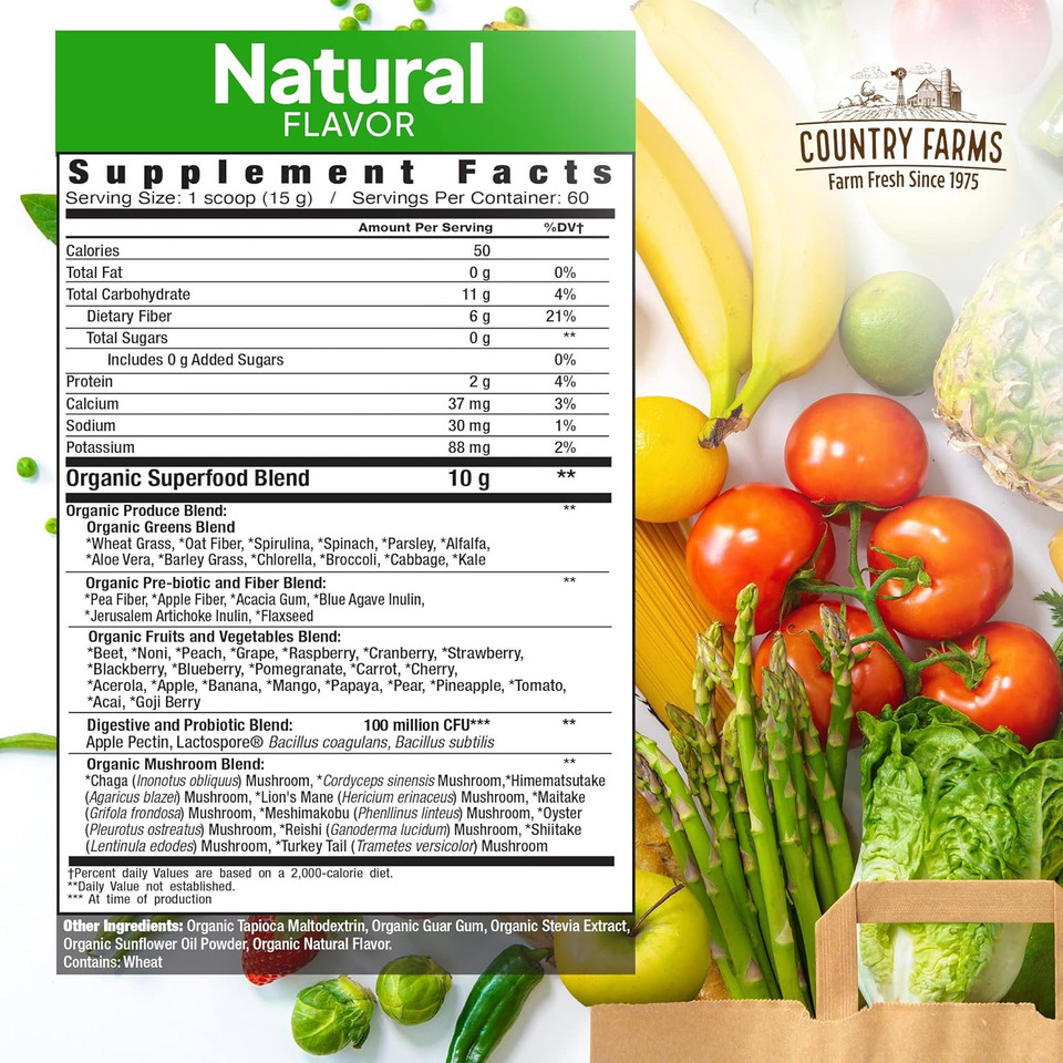 Country Farms Super Greens Natural Flavor, 50 Organic Super Foods, Usda Organic Drink Mix, Fruits, Vegetables, Super Greens, Mushrooms & Probiotics, Supports Energy, 60 Servings, 10.6 Oz1.99 Pound (Pack Of 1)