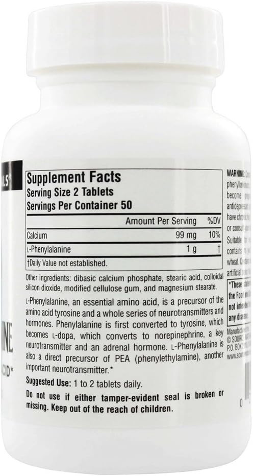 Source Naturals L-Phenylalanine Free Form Essential Amino Acid - 100 Tablets