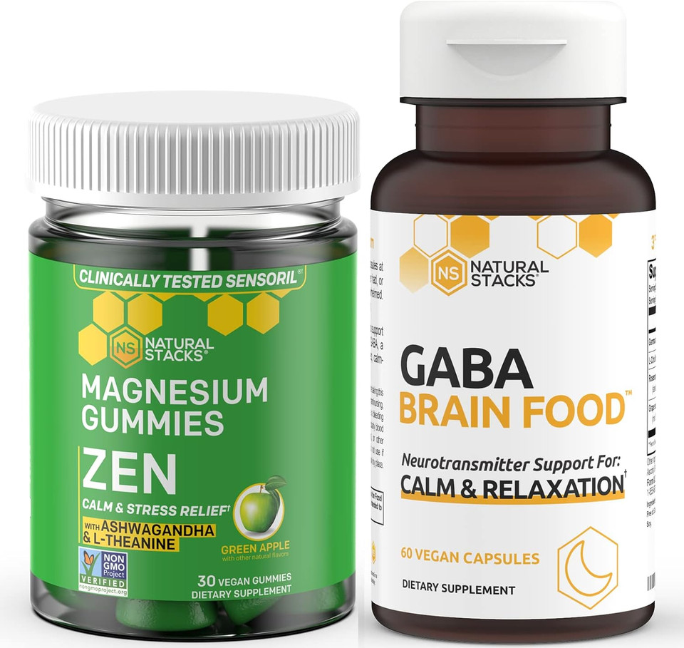 Magnesium Ashwagandha Gummies 30Ct With Gaba Brain Food 60Ct Supplement By Natural Stacks