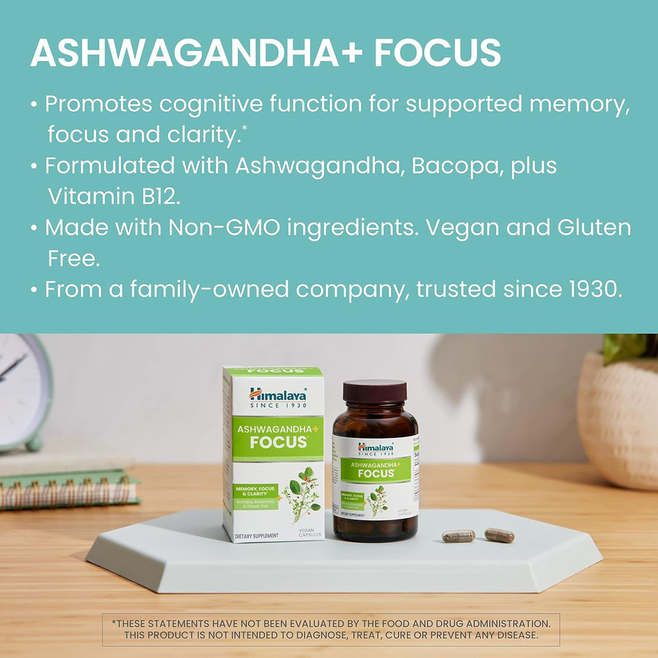 Himalaya Ashwagandha + Focus With Ashwagandha, Bacopa, Rosemary & Green Tea For Memory, Focus And Clarity, 60 Capsules, 1 Month Supply, Vegan, Gluten Free