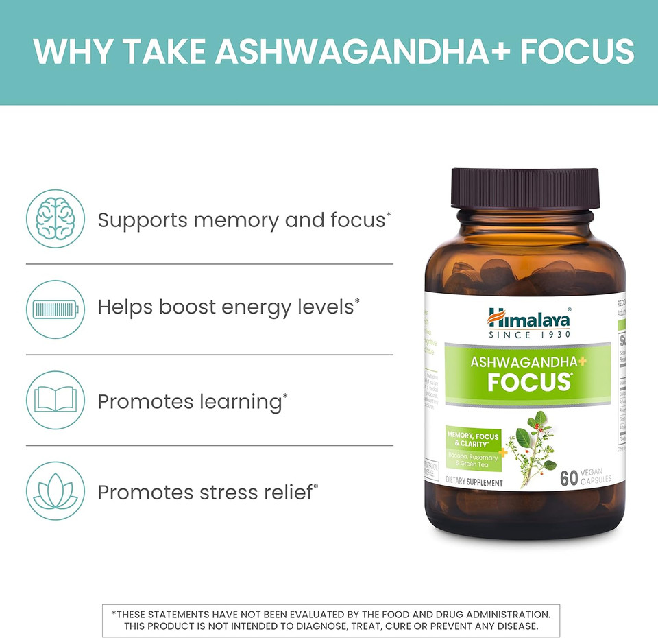 Himalaya Ashwagandha + Focus With Ashwagandha, Bacopa, Rosemary & Green Tea For Memory, Focus And Clarity, 60 Capsules, 1 Month Supply, Vegan, Gluten Free