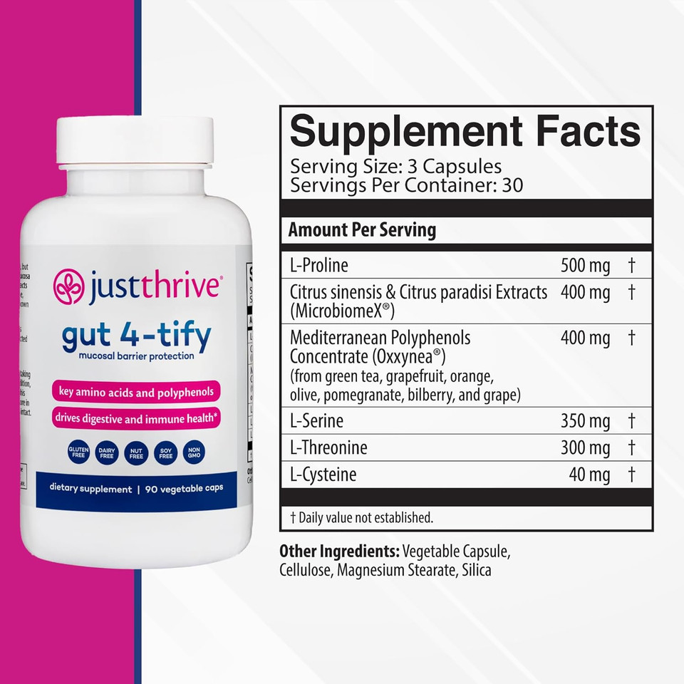 Just Thrive Gut 4-Tify - Gut Health Supplements For Women And Men - Anti Bloat, 90 Vegetable Capsules
