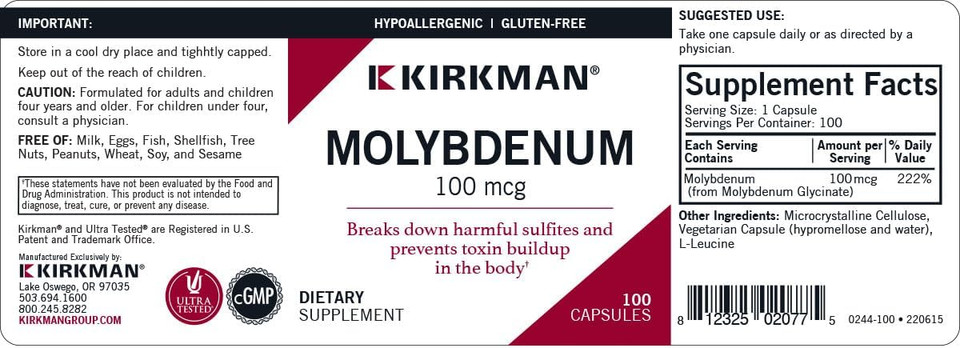 Kirkman - Molybdenum 100 Mcg - 100 Capsules - Essential Minerals - Breaks Down Sulfites & Toxins - Hypoallergenic