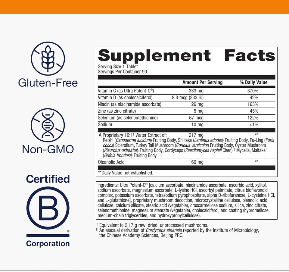 Metagenics Immucore, Multidimensional Support Supplement For Healthy Immune Function With Vitamin C, Vitamin D, Zinc And A Blend Of Mushroom Extracts - 90 Tablets