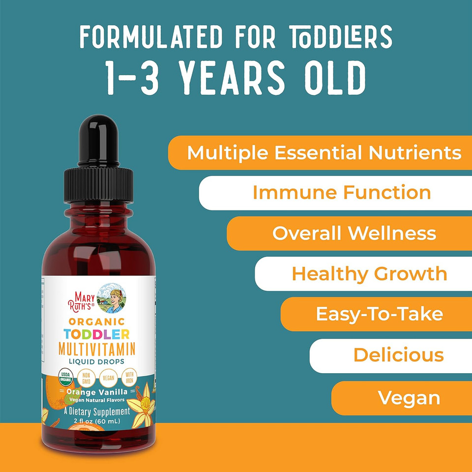 Multivitamin & Multimineral With Iron For Toddlers By Maryruth'S | Usda Organic | Sugar Free | Multivitamin Liquid Drops For Kids Ages 1-3 | Immune Support | Vegan | Non-Gmo | 2 Fl Oz