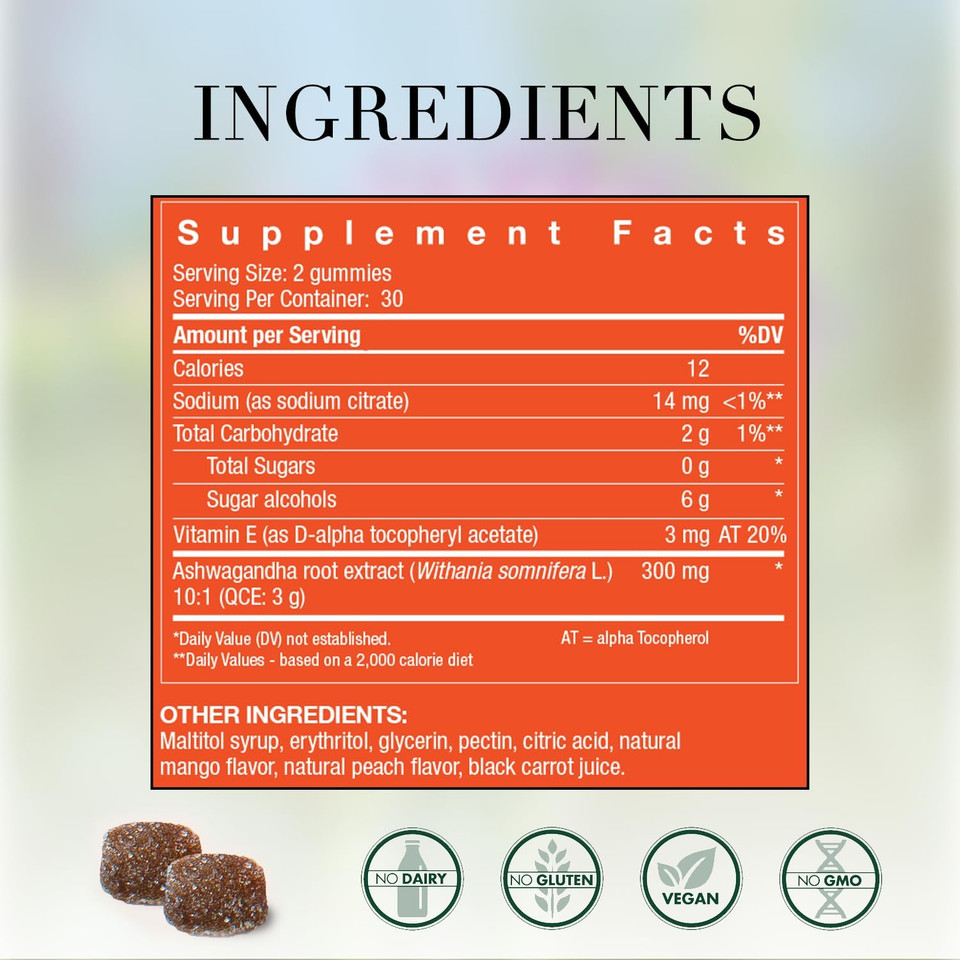 New Nordic Ashwagandha Vegan Gummies | 300 Mg Daily Supplement | Sugar Free, Gluten Free & Non-Gmo | Natural Peach Mango Flavor | 60 Gummies (Pack Of 2)