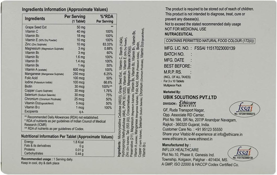 Ethiglo Vitabiz M Tablets (3 X 10 Tablets) : Multi-Vitamin And Multi-Mineral Tablets