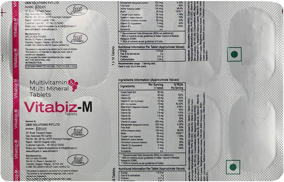 Ethiglo Vitabiz M Tablets (3 X 10 Tablets) : Multi-Vitamin And Multi-Mineral Tablets